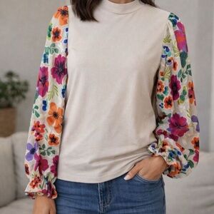 Saint + Sofia Floral Sleeve Beige Women's Blouse